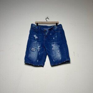 Y2K Jean Men 38 Jorts Skater Denim Patched Stitched Distressed Ripped Blue Short